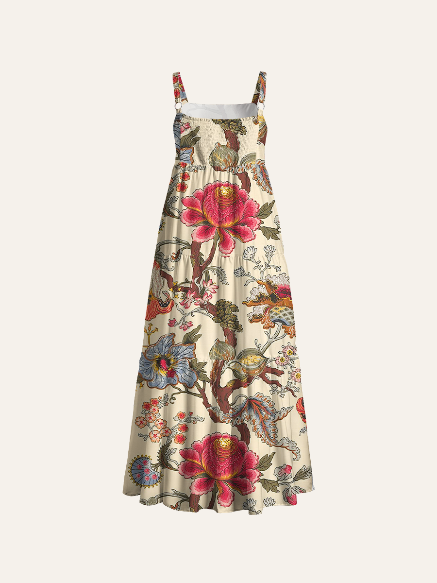 Vintage Chintz Botanical Adjustable Wide Straps Maxi Dress