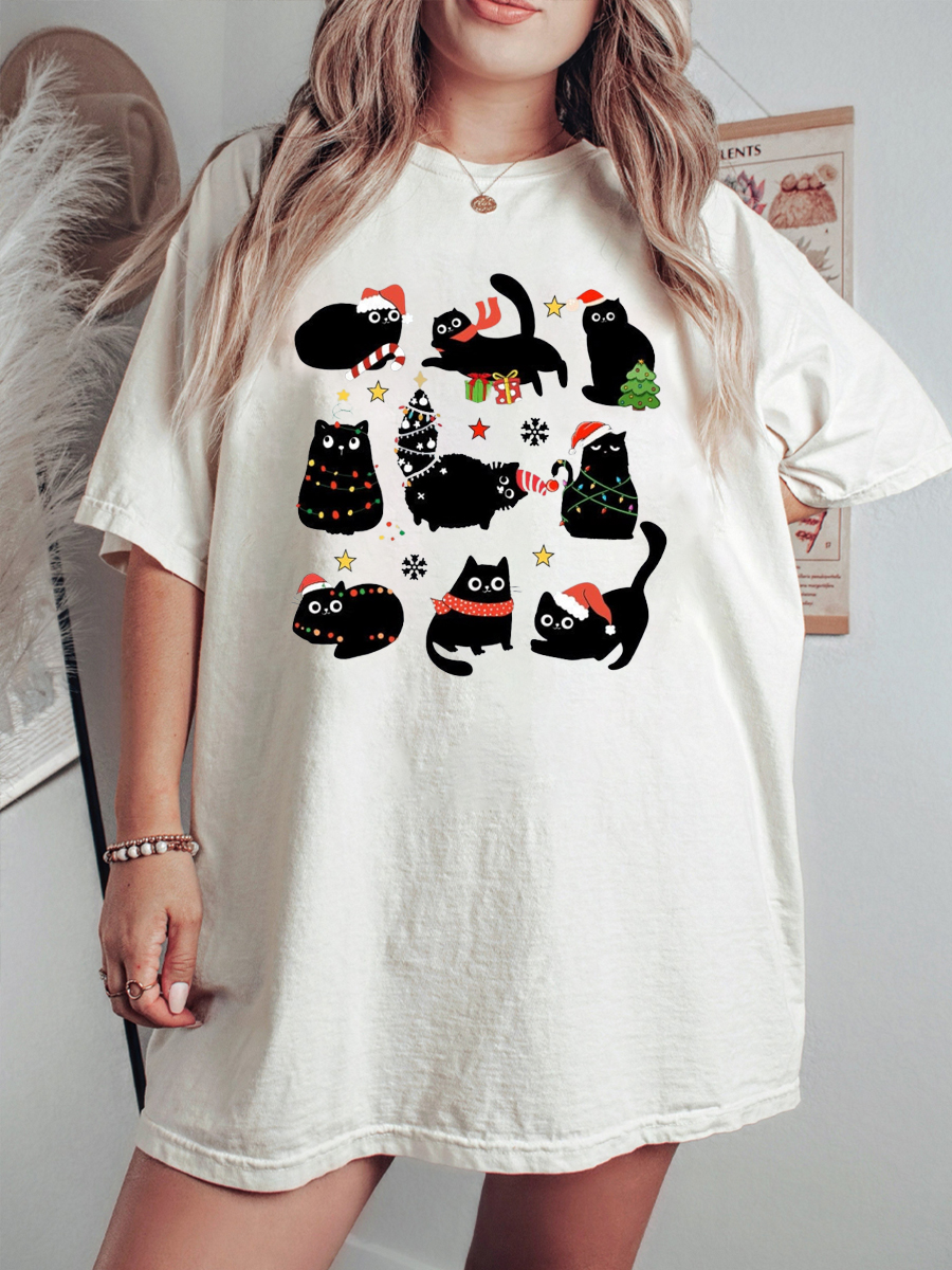 Plus Size Black Cat Christmas T-Shirt