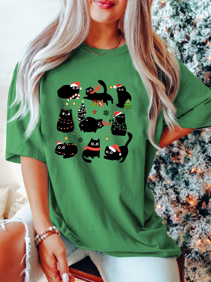 Plus Size Black Cat Christmas T-Shirt