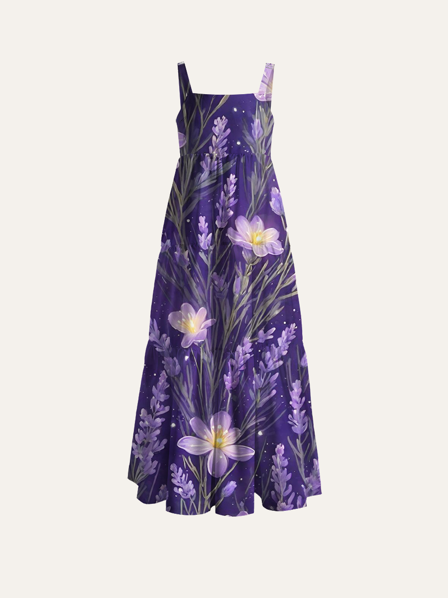 Glowing Lavender Night Adjustable Wide Straps Maxi Dress
