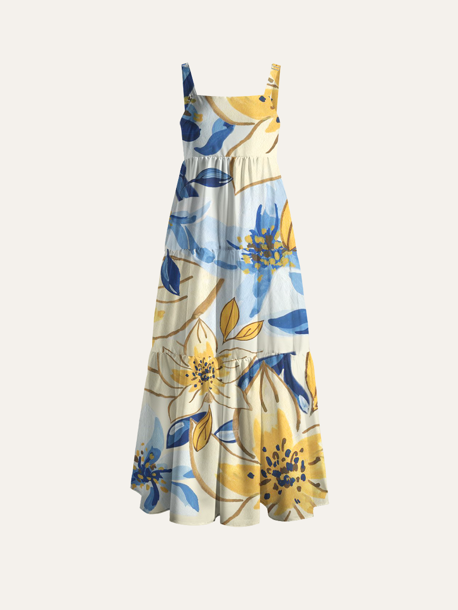 Gouache Spring Blooms Adjustable Wide Straps Maxi Dress