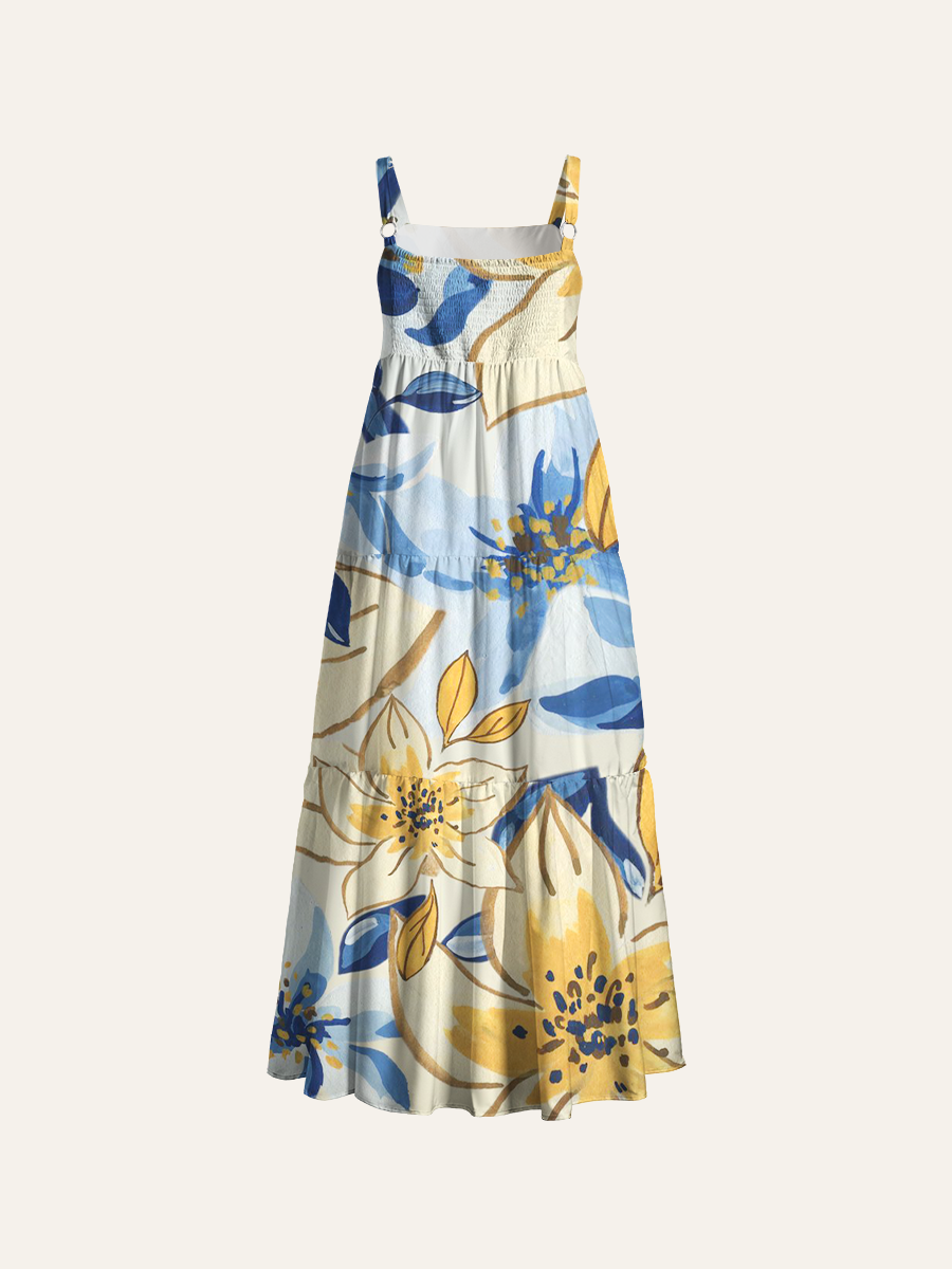 Gouache Spring Blooms Adjustable Wide Straps Maxi Dress