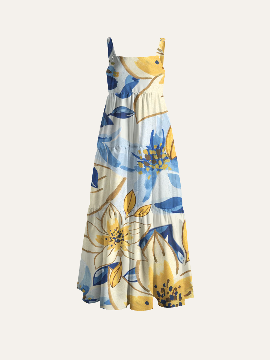 Gouache Spring Blooms Adjustable Wide Straps Maxi Dress