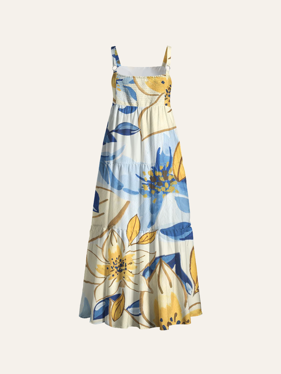 Gouache Spring Blooms Adjustable Wide Straps Maxi Dress
