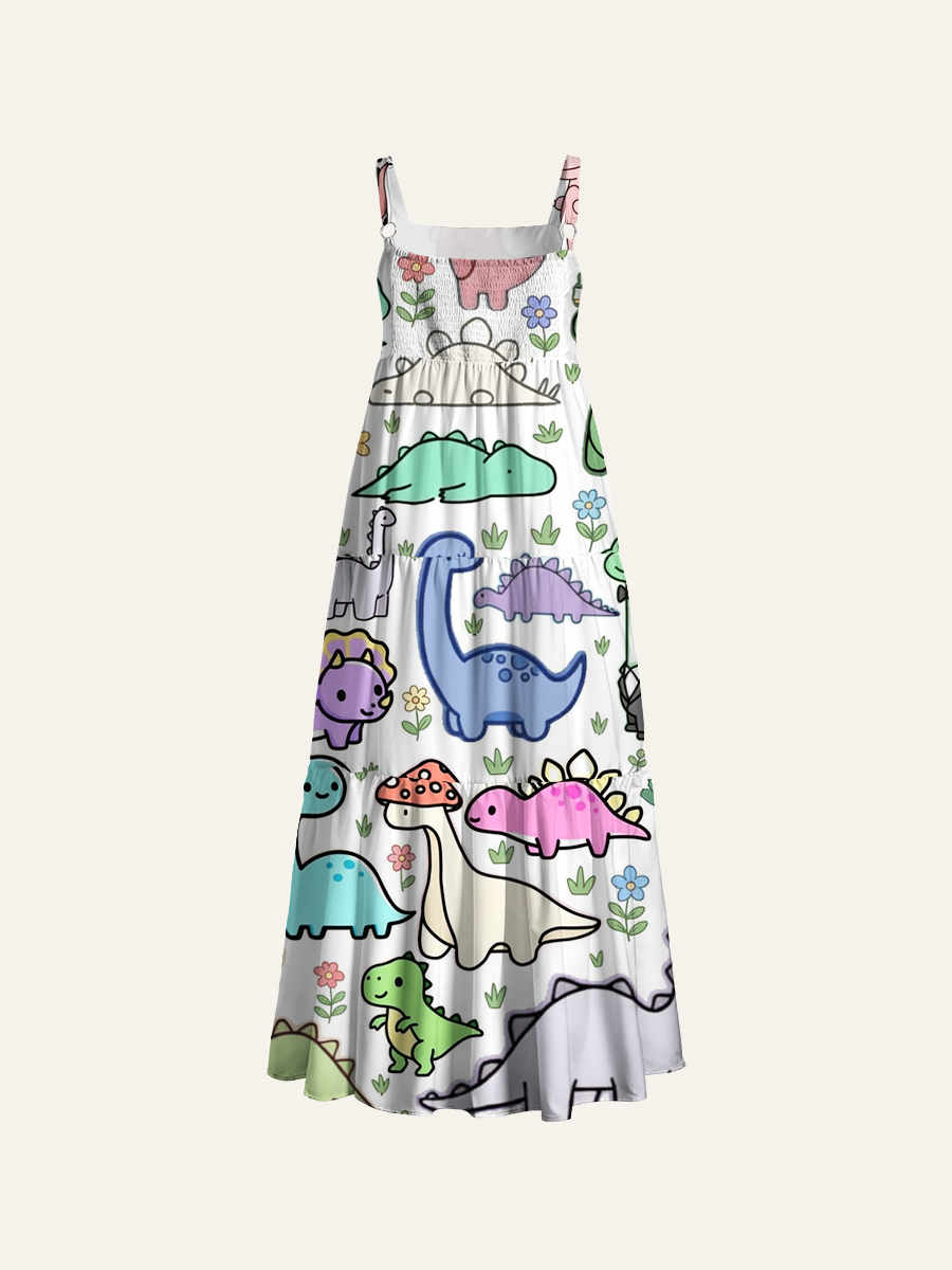 Whimsical Pastel Dino Adjustable Wide Straps Maxi Dress