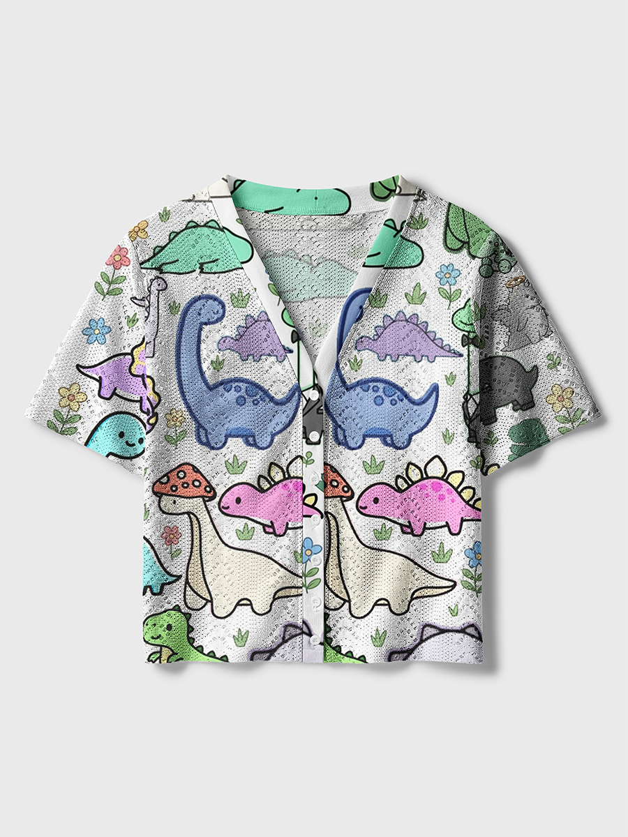 Whimsical Pastel Dino Crochet Button Down Cardigan