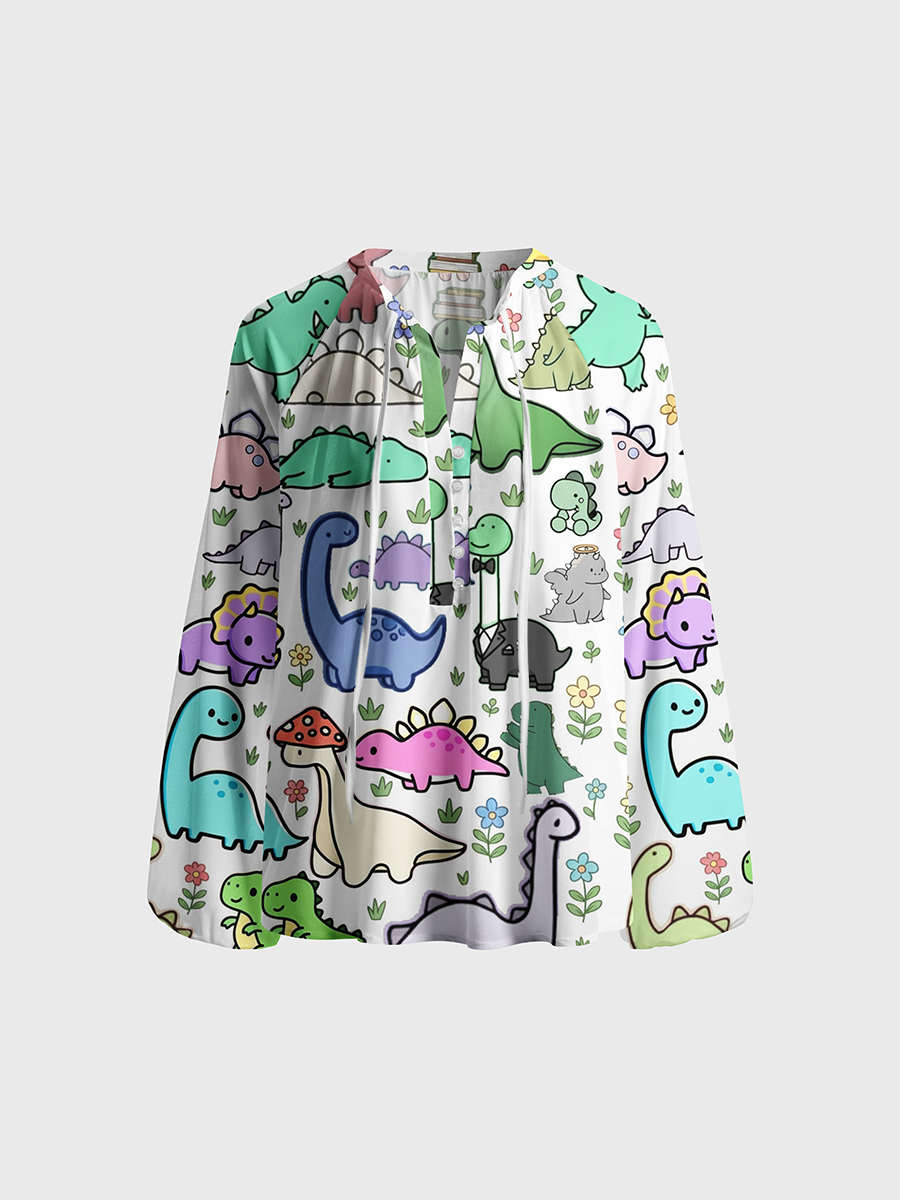 Whimsical Pastel Dino Neck Tie Blouse
