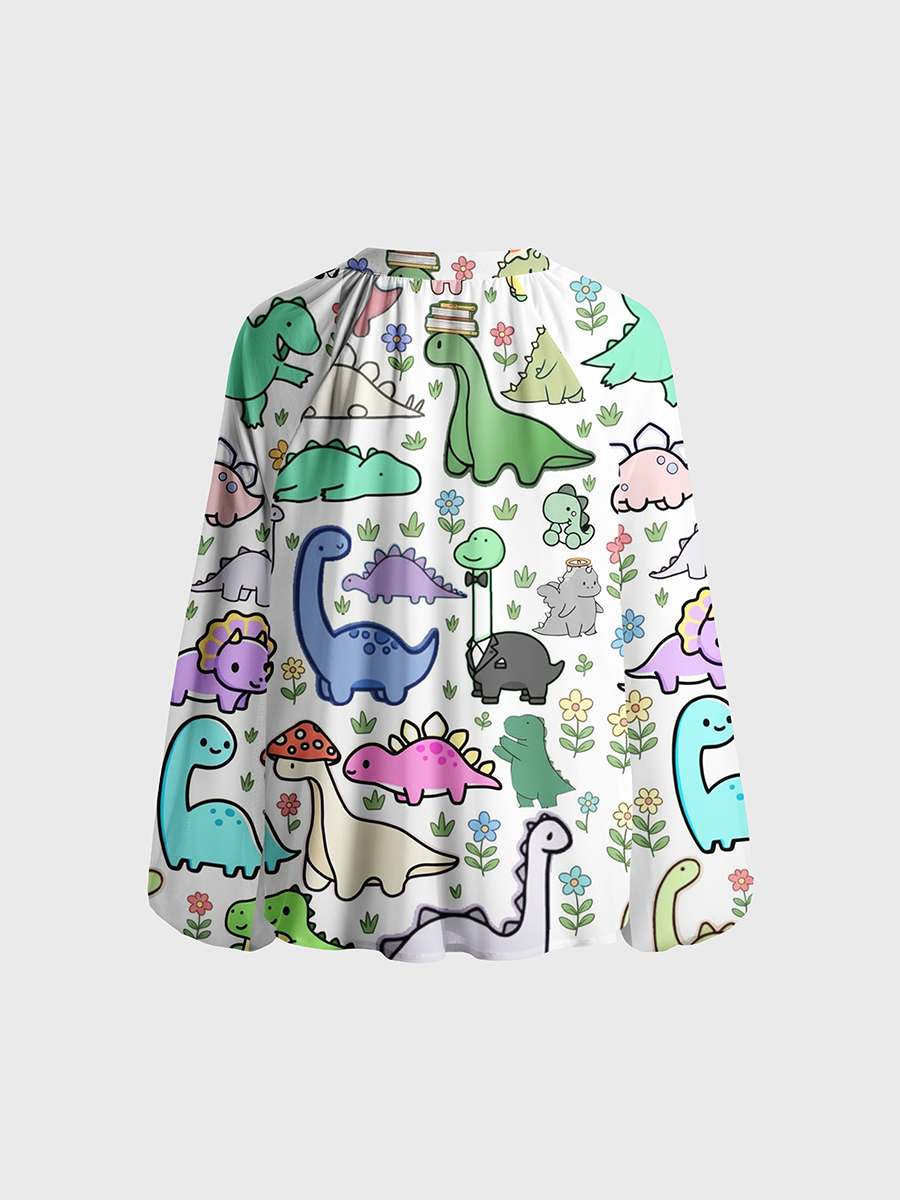 Whimsical Pastel Dino Neck Tie Blouse