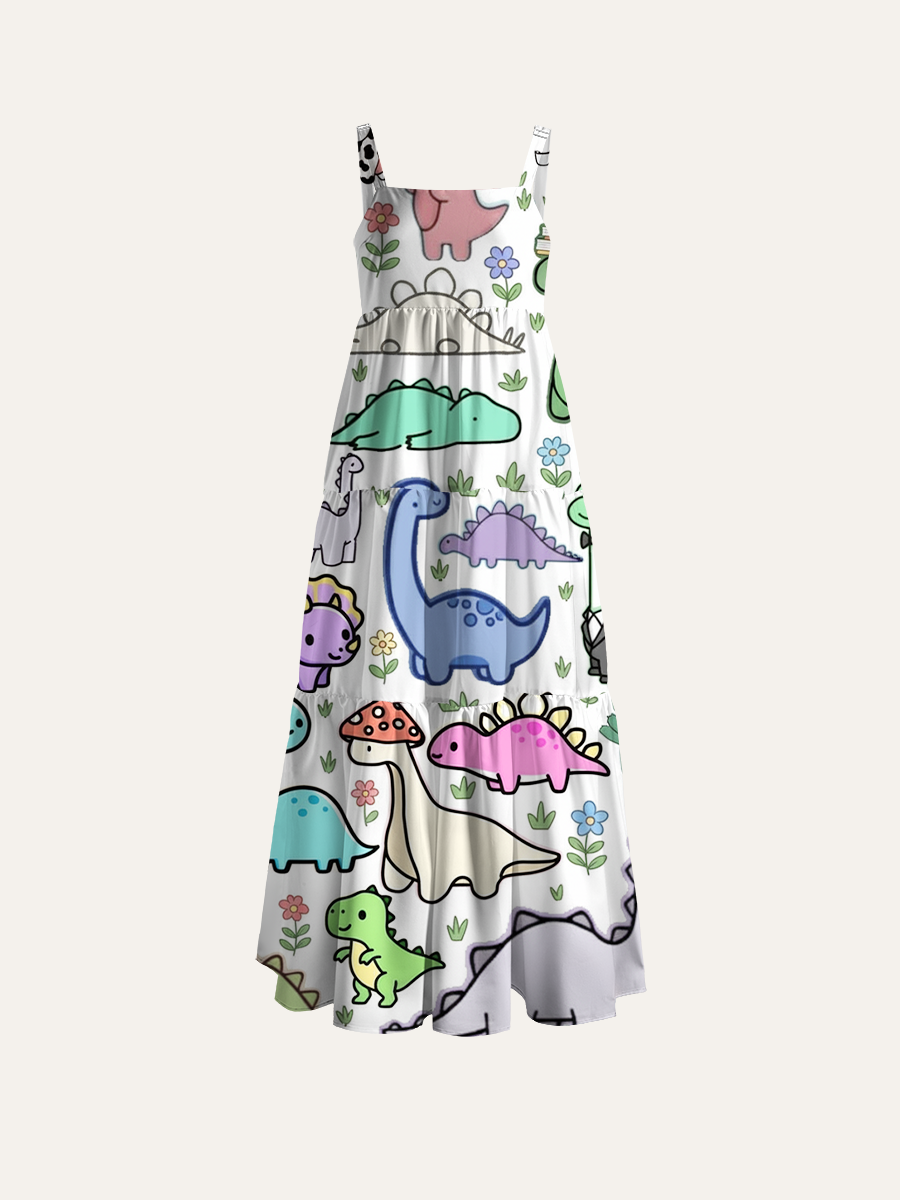 Whimsical Pastel Dino Adjustable Wide Straps Maxi Dress