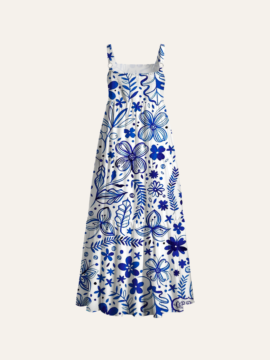 Indigo Watercolor Botanical Adjustable Wide Straps Maxi Dress