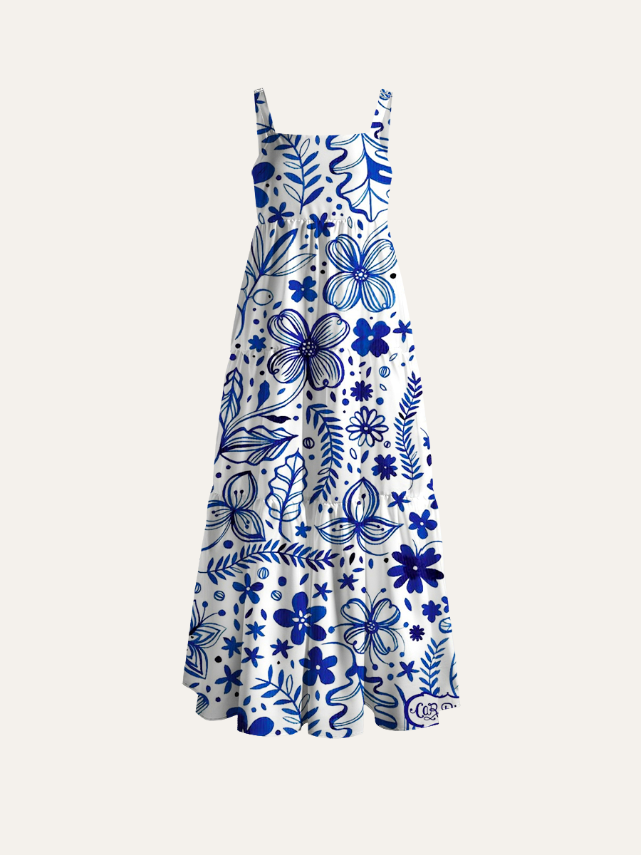Indigo Watercolor Botanical Adjustable Wide Straps Maxi Dress