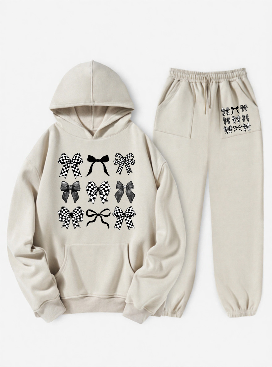 Vintage Checkered Bow Fleece Hoodie Suit