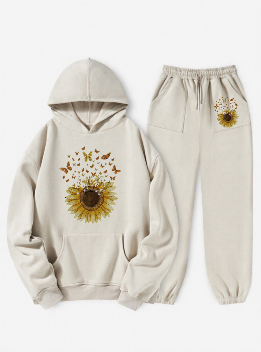 Vintage Sunflower Butterfly Fleece Hoodie Suit