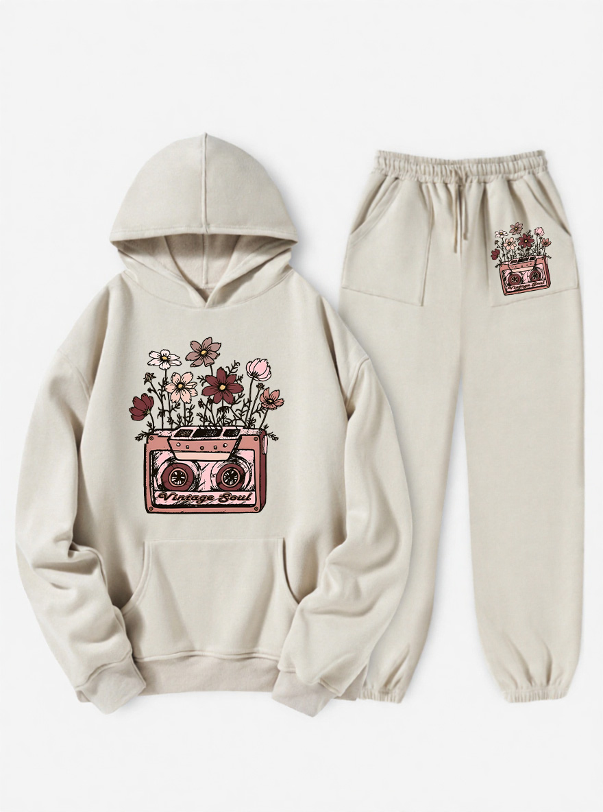 Vintage Cassette With Flowers Fleece Hoodie Suit