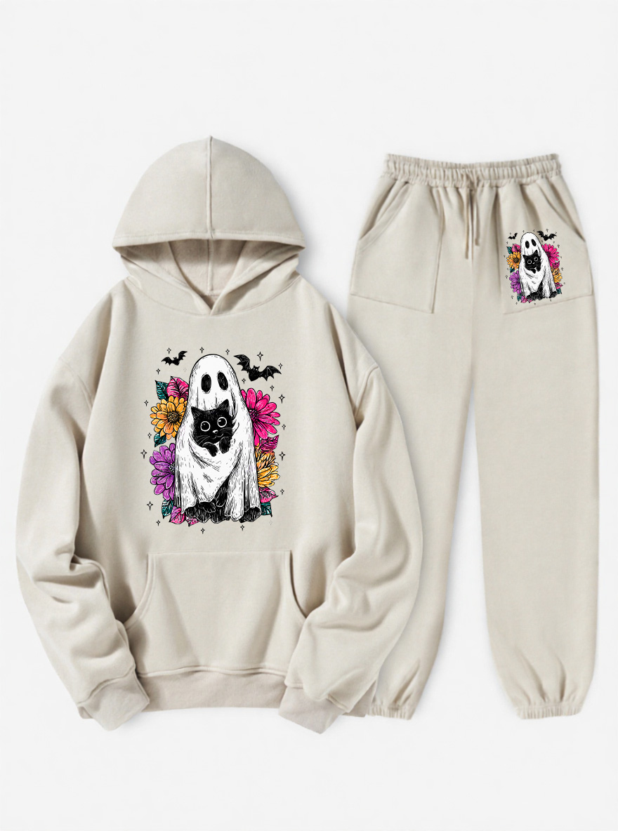 Vintage Floral Ghost Black Cat Fleece Hoodie Suit