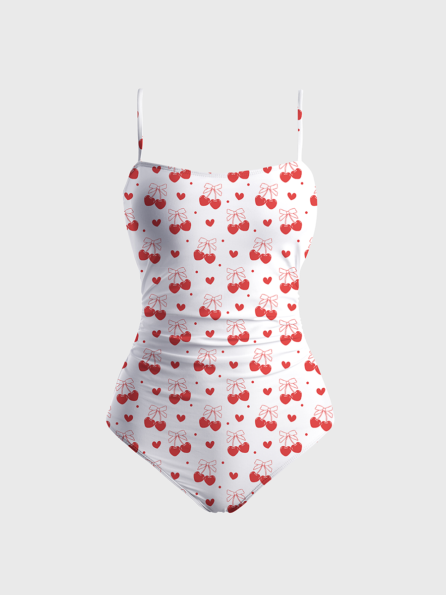 Vintage Cherry One Piece Slim-Strap Swimsuit