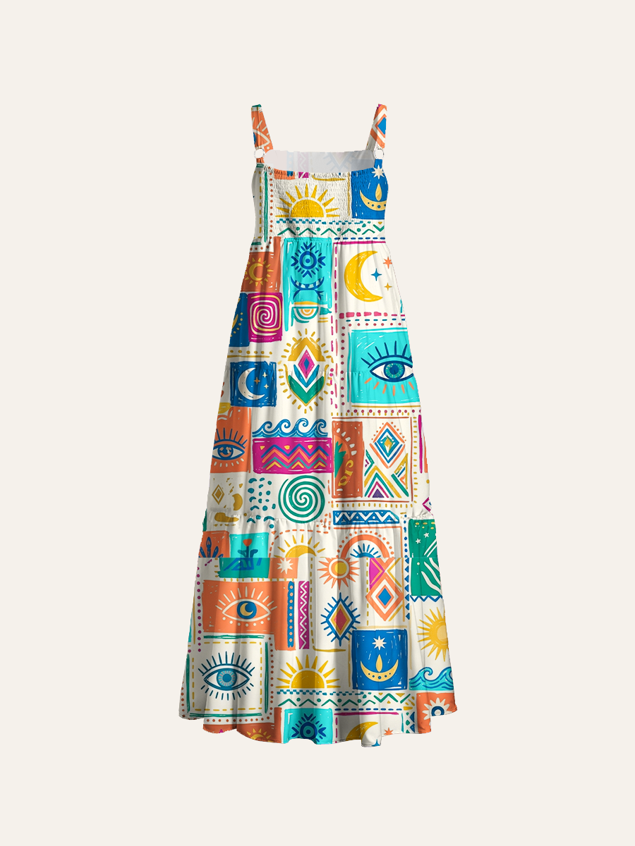 Modern Bohemian Style Mystical Eyes Adjustable Wide Straps Maxi Dress