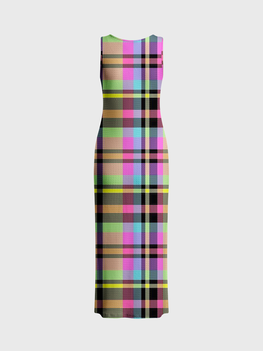 Pastel Neon Tartan Plaid Open Stitch Midi Dress