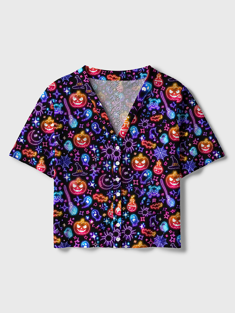 Neon Line Art Halloween Pumpkin Witch Ghost Black Crochet Button Down Cardigan