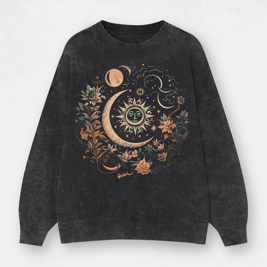 Vintage Mystic Moon And Sun Floral Washed Sweatshirt