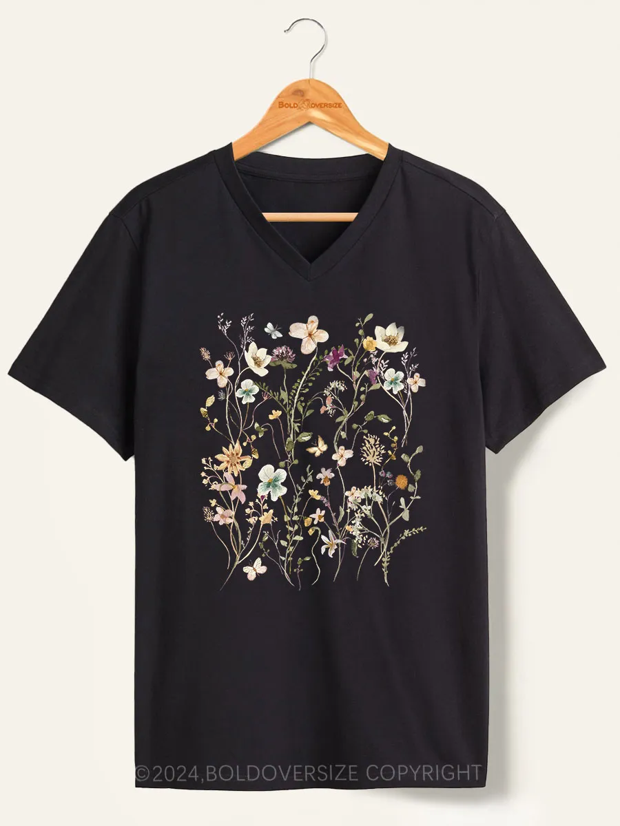 Vintage Boho Wildflowers Cottagecore V-Neck Tee