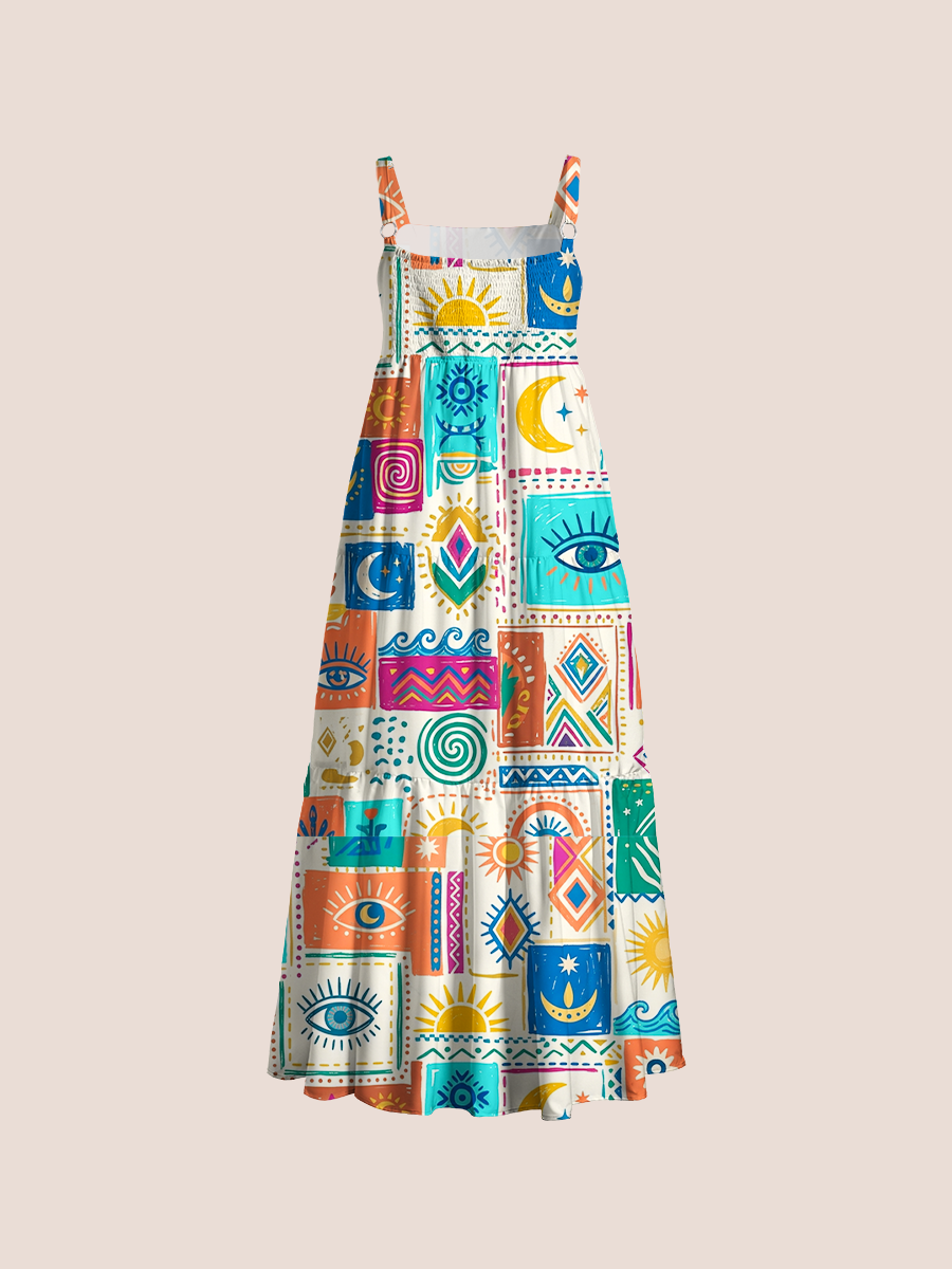 Modern Bohemian Style Mystical Eyes Adjustable Wide Straps Maxi Dress