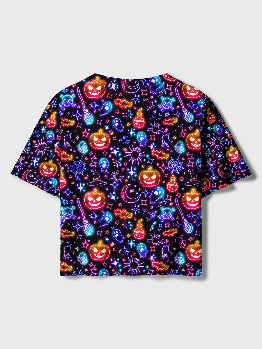 Neon Line Art Halloween Pumpkin Witch Ghost Black Crochet Button Down Cardigan