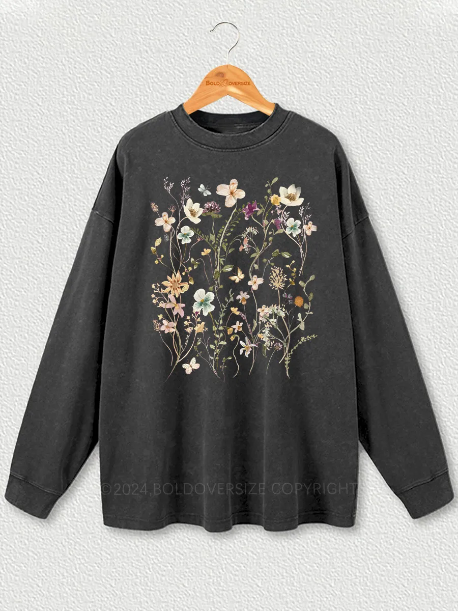 Vintage Boho Wildflowers Cottagecore Washed Long Sleeve Shirt