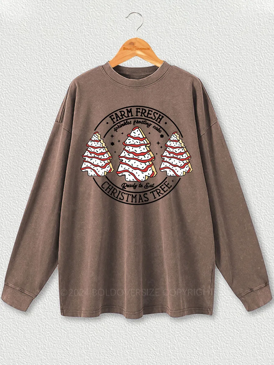 Vintage Farm Fresh Christmas Tree Cakes Washed Long Sleeve Shirt