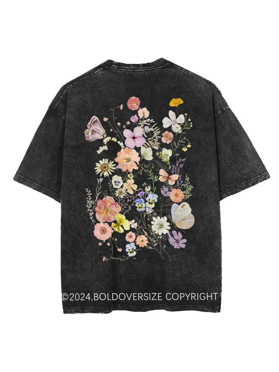 Vintage Butterfly Mountain Meadow Pressed Flower Washed T-Shirt
