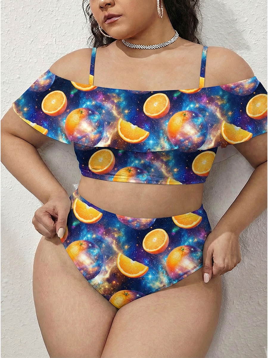 Vintage Orange Fruit Two Piece Ruffled Tankini Swimsuit