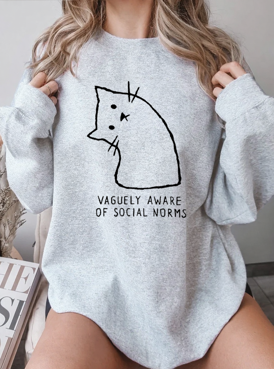 Vintage Vaguely Aware Of Social Norms Cat Graphic Sweatshirt