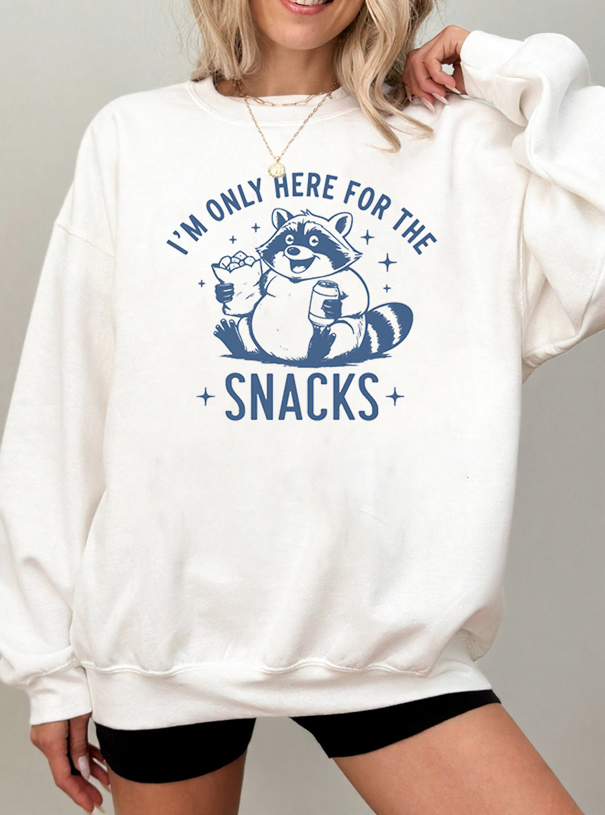 Vintage I’M Only Here For The Snacks Raccoon Graphic Sweatshirt
