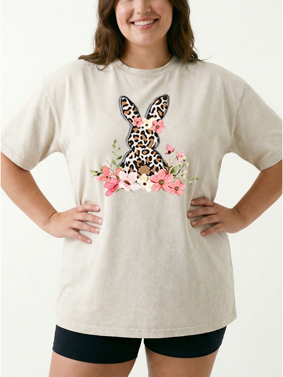 Vintage Floral Leopard Bunny Washed T-Shirt