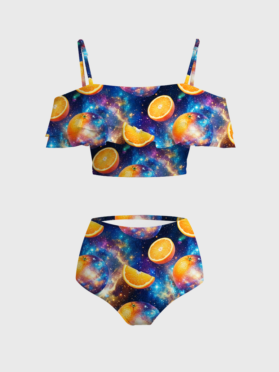 Vintage Orange Fruit Two Piece Ruffled Tankini Swimsuit