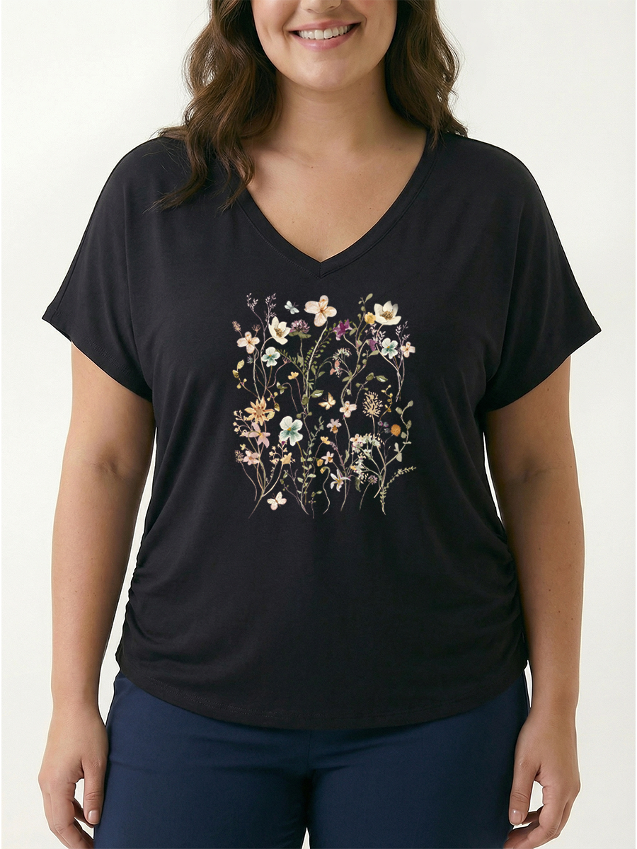 Vintage Pressed Flowers Women's Modal V-Neck Slim Fit Sleeve Soft Graphic T-Shirt