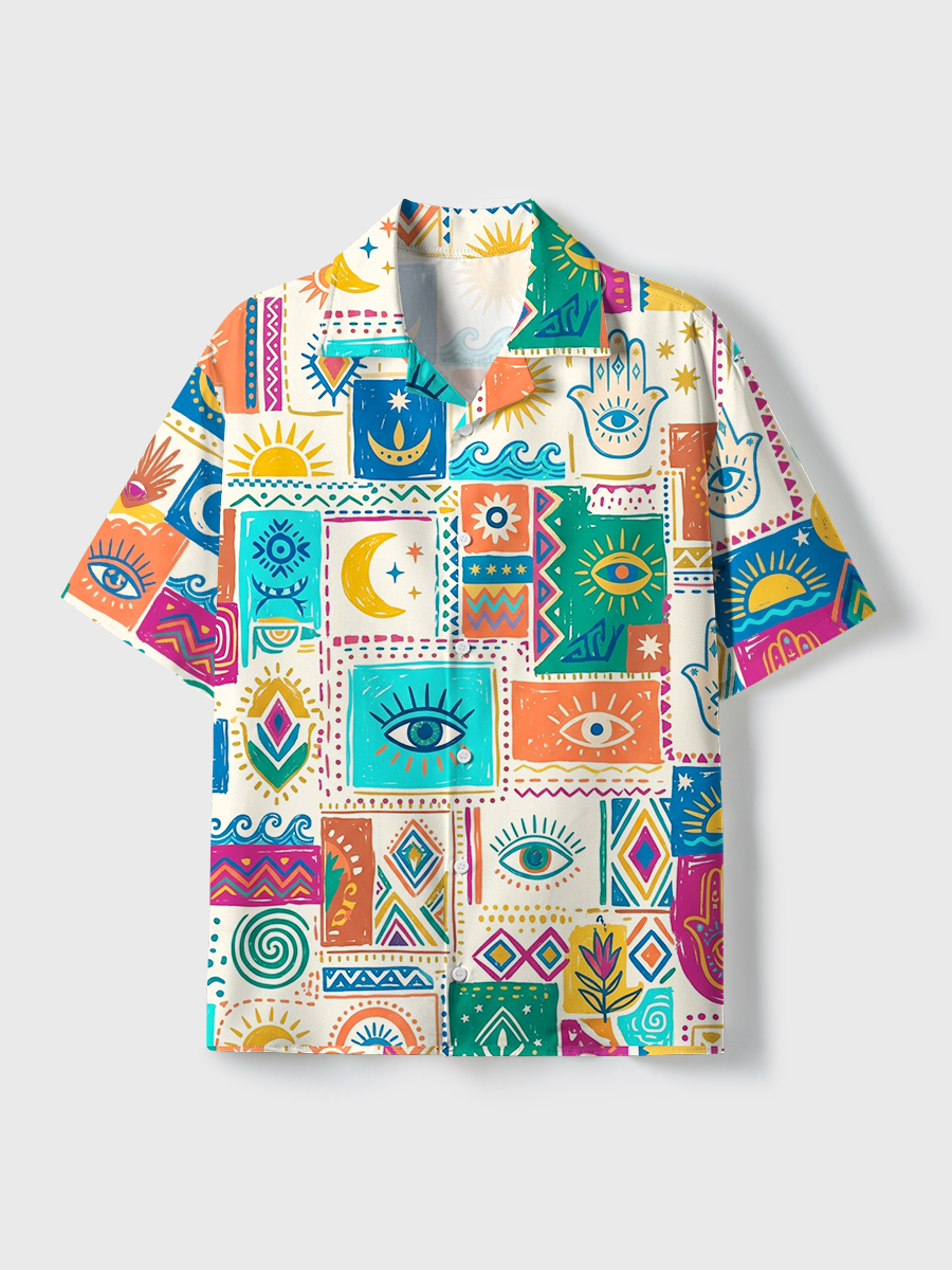 Abstract Mystical Symbols And Eyes Unisex Hawaiian Beach Set Camp Collar Shirt And Shorts For Casual Summer Vacation