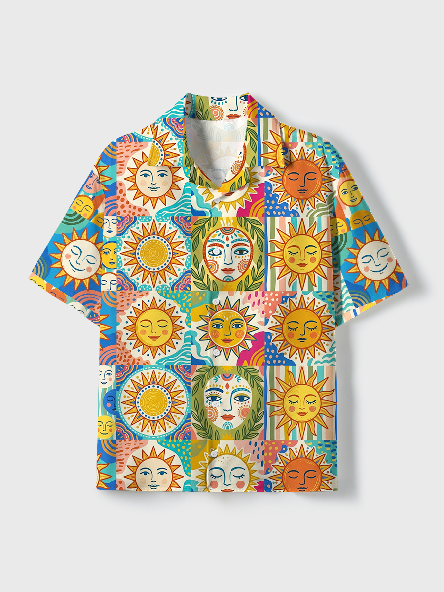 Abstract Sun And Face Motifs Unisex Hawaiian Beach Set Camp Collar Shirt And Shorts For Casual Summer Vacation