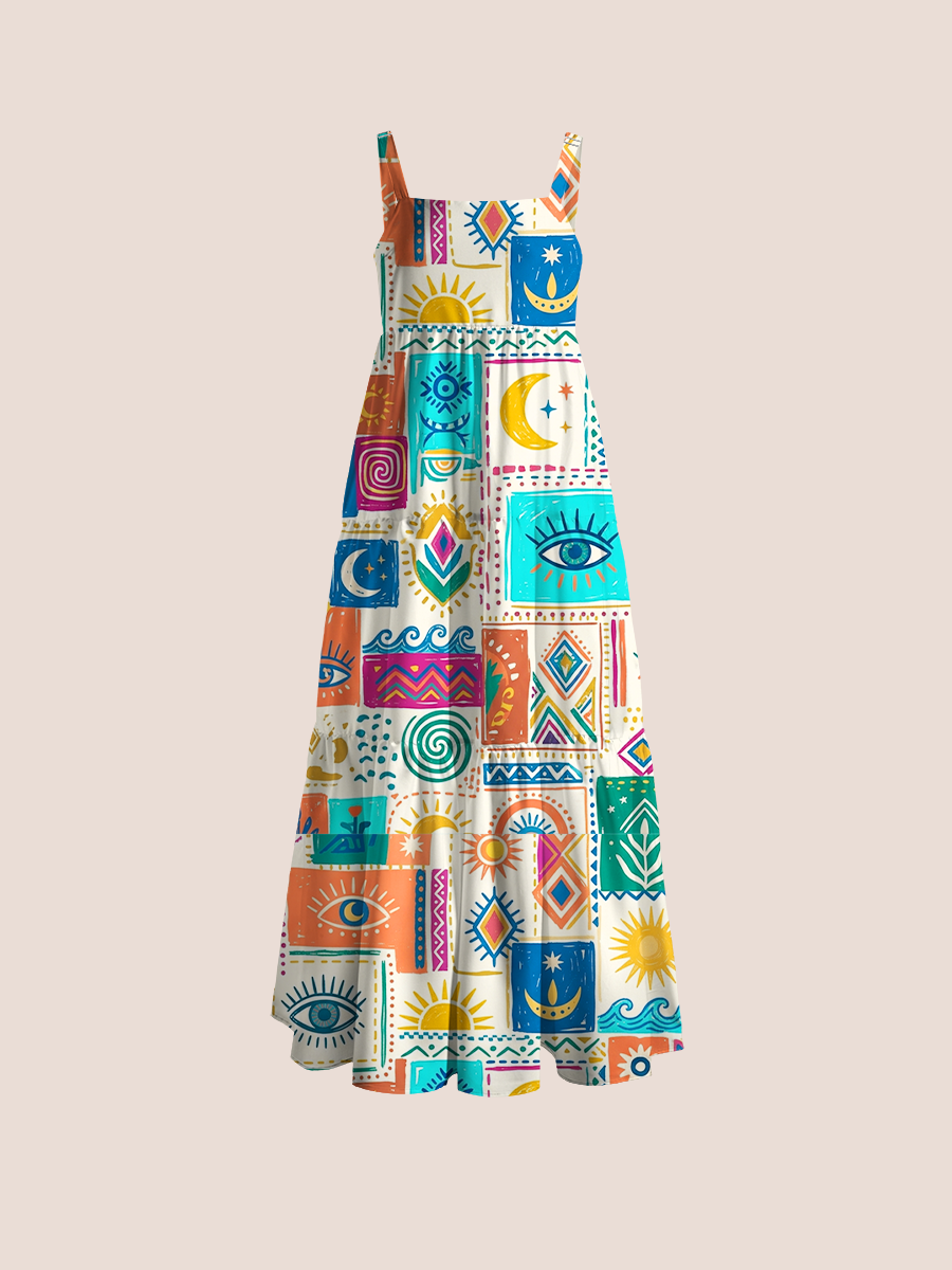 Modern Bohemian Style Mystical Eyes Adjustable Wide Straps Maxi Dress