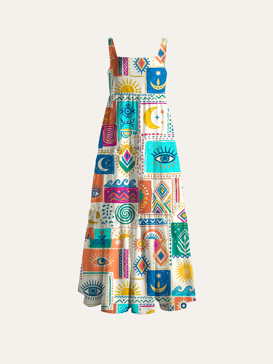 Modern Bohemian Style Mystical Eyes Adjustable Wide Straps Maxi Dress