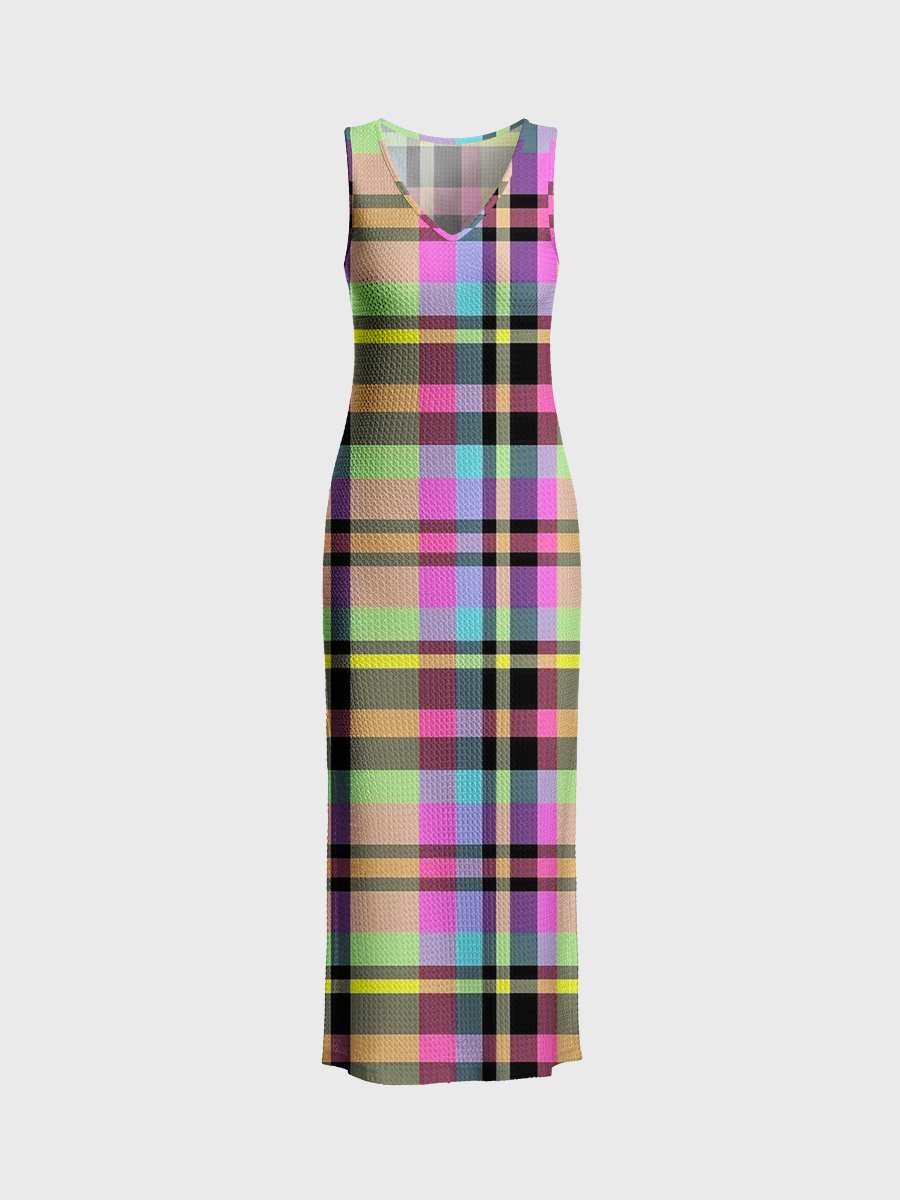 Pastel Neon Tartan Plaid Open Stitch Midi Dress