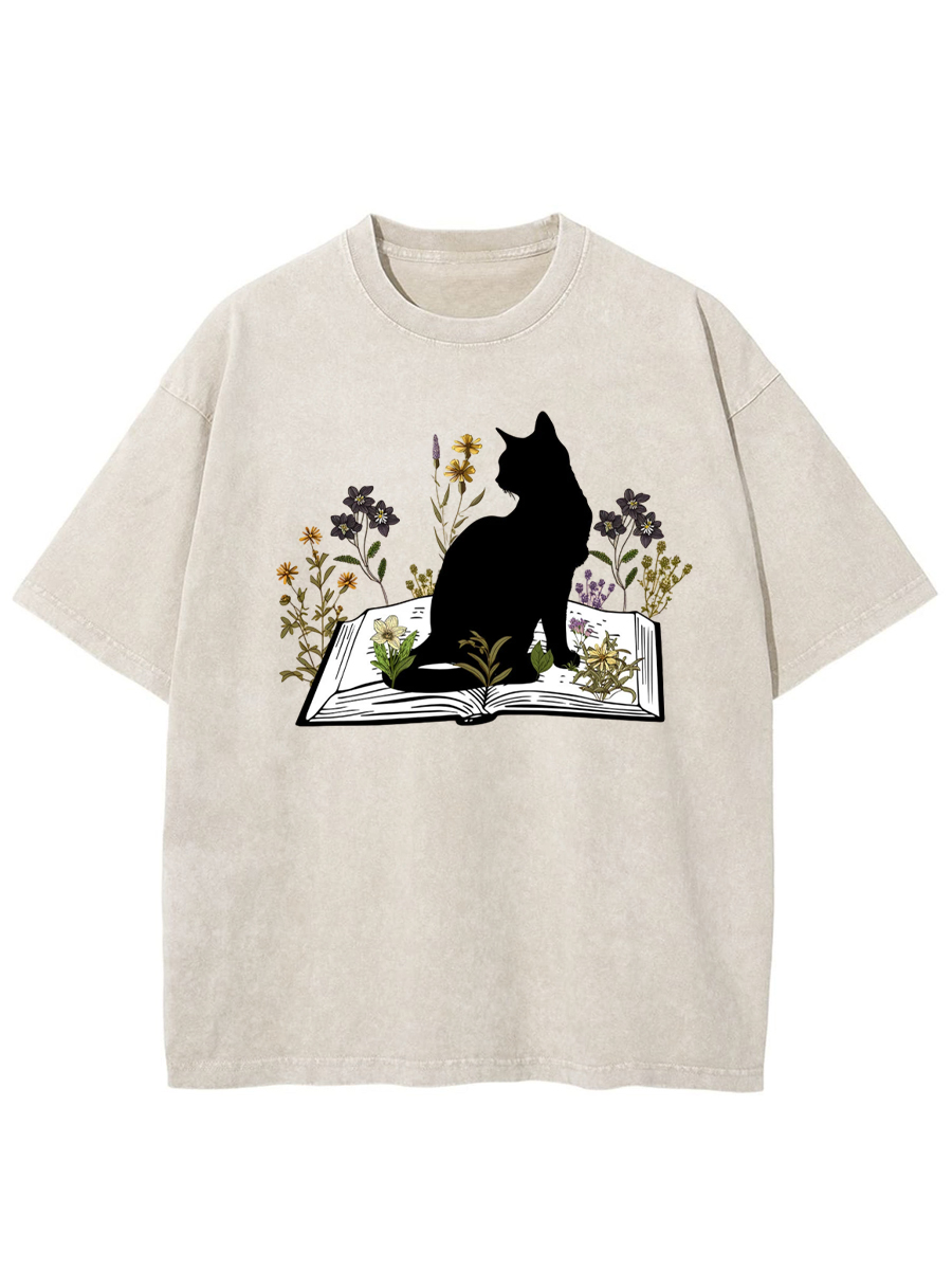 Vintage Cat On Book Washed T-Shirt