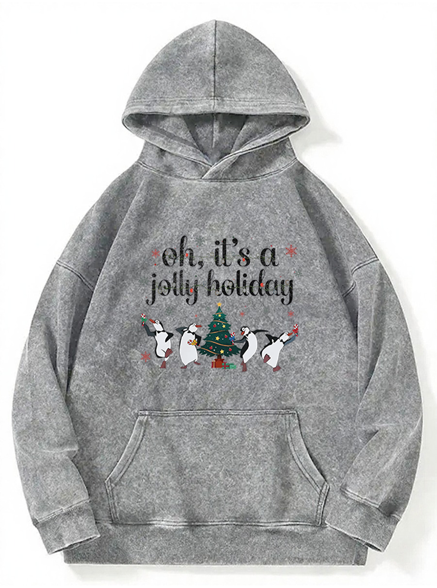 Vintage Oh It'S A Jolly Holiday Santa Penguins Christmas Light Washed Hoodie
