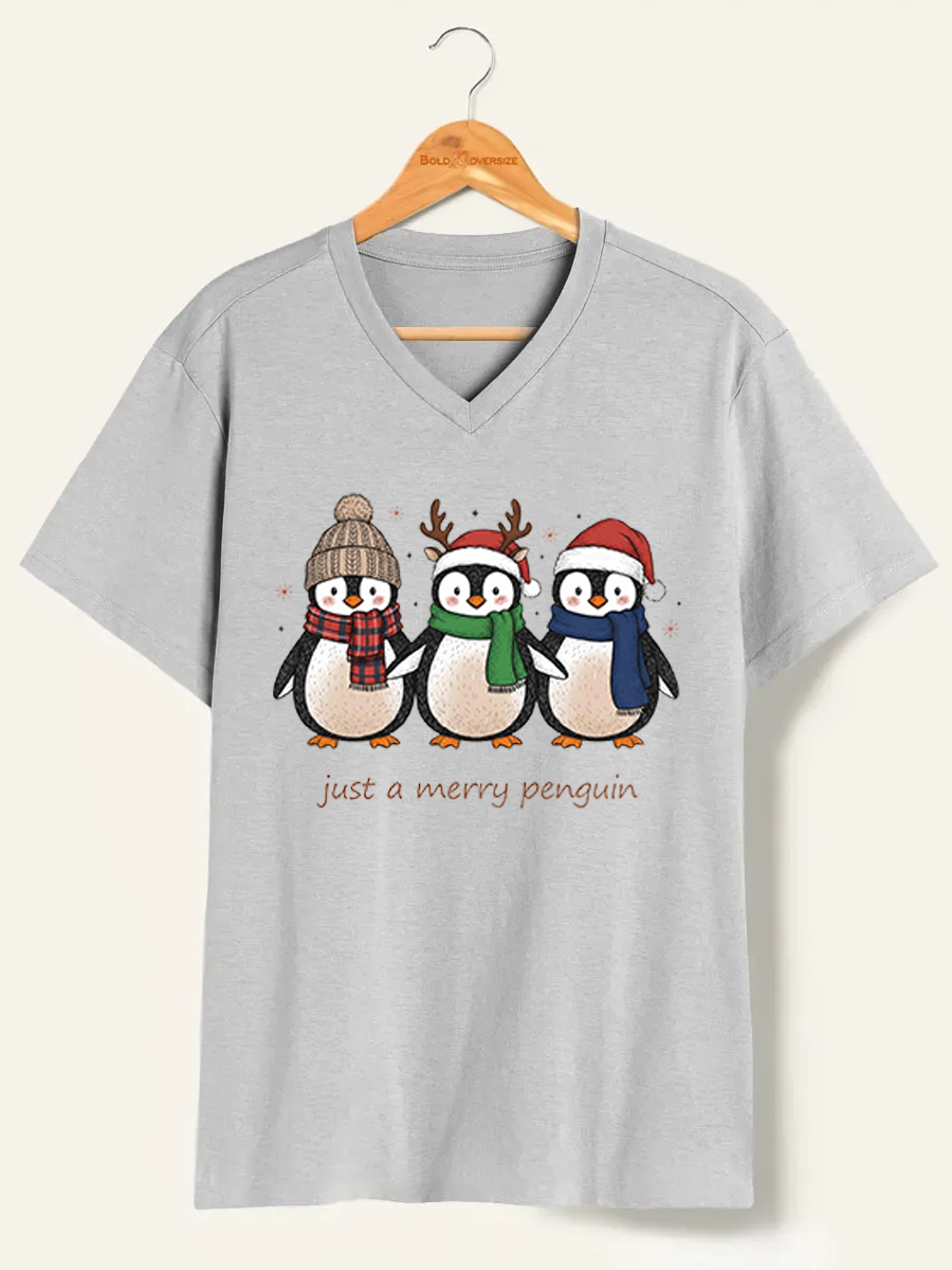 Vintage Just A Merry Penguin V-Neck Tee