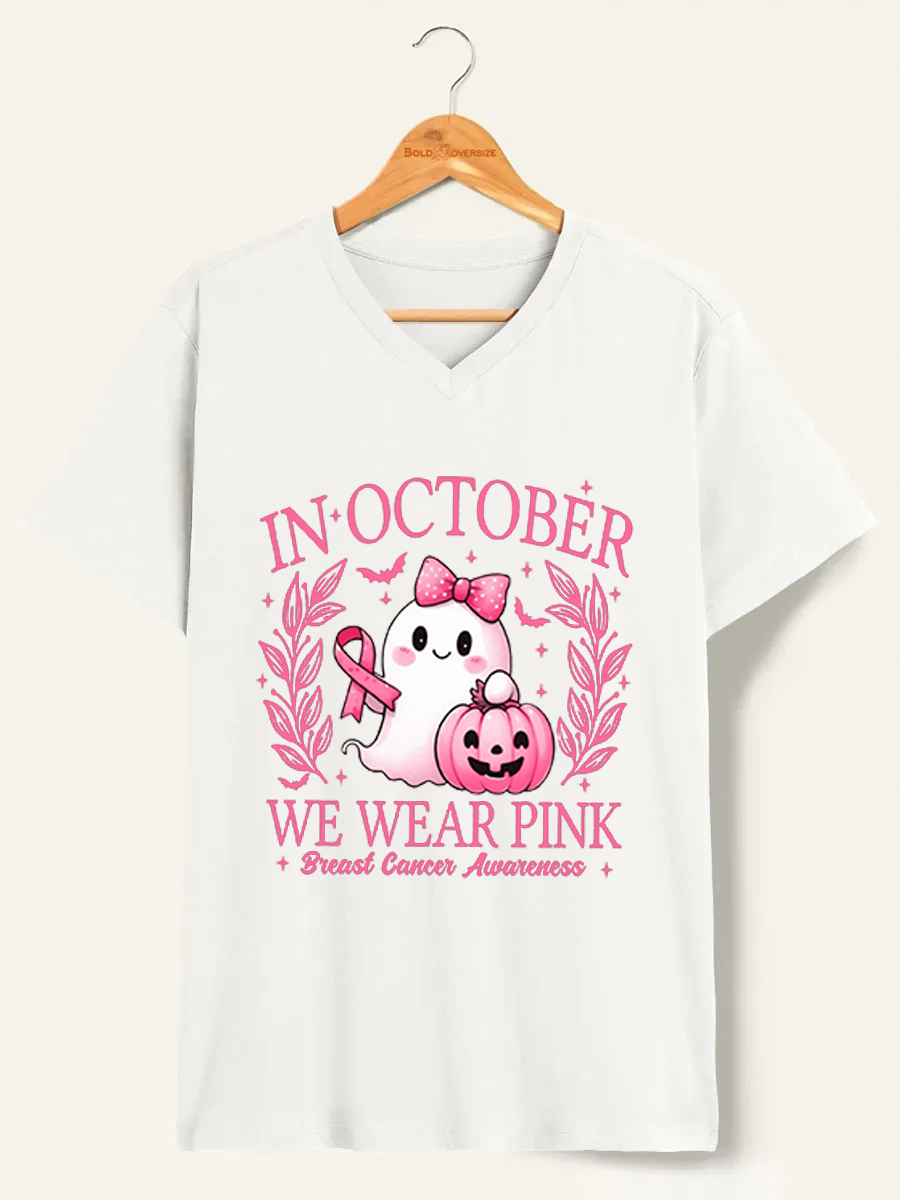 Vintage In October We Wear Pink Ghost V-Neck Tee
