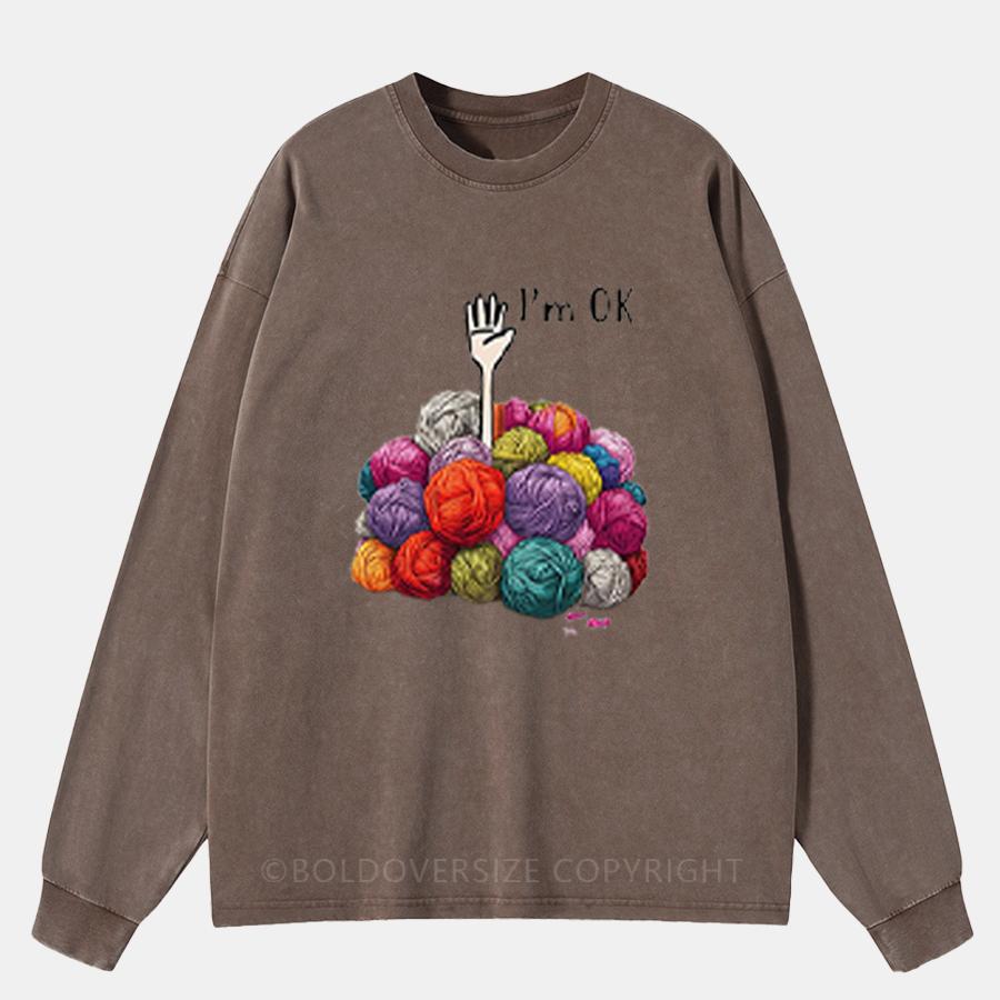 Vintage I’M Ok Knitting Washed Long Sleeve Shirt