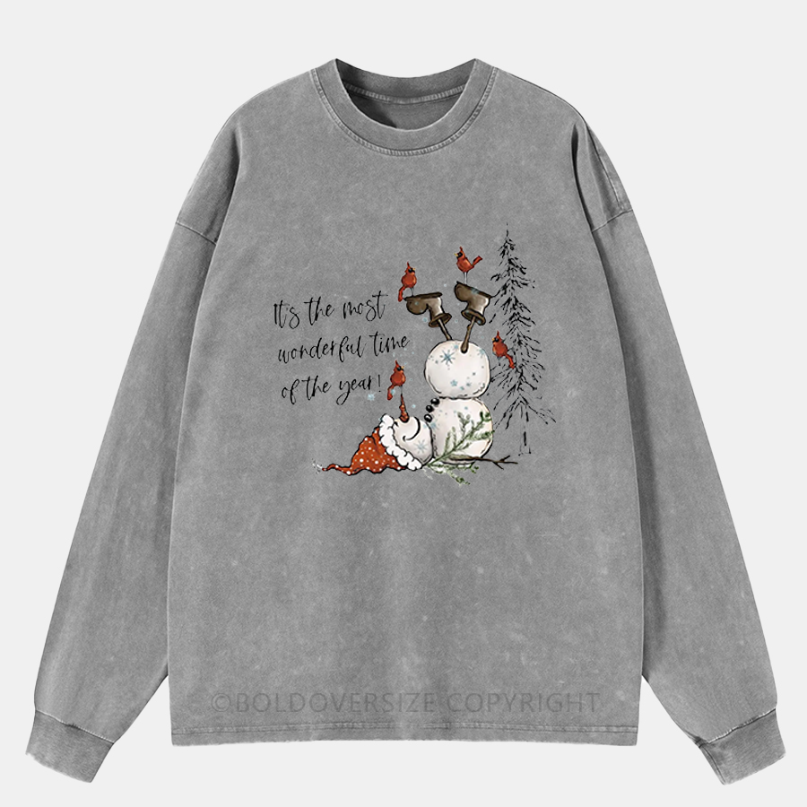 Vintage It'S The Most Wonderful Time Of The Year Cute Snowman Washed Long Sleeve Shirt