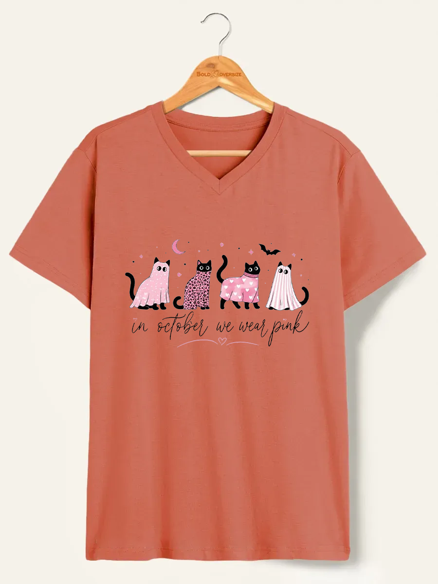 Vintage In October We Wear Pink Cats V-Neck Tee