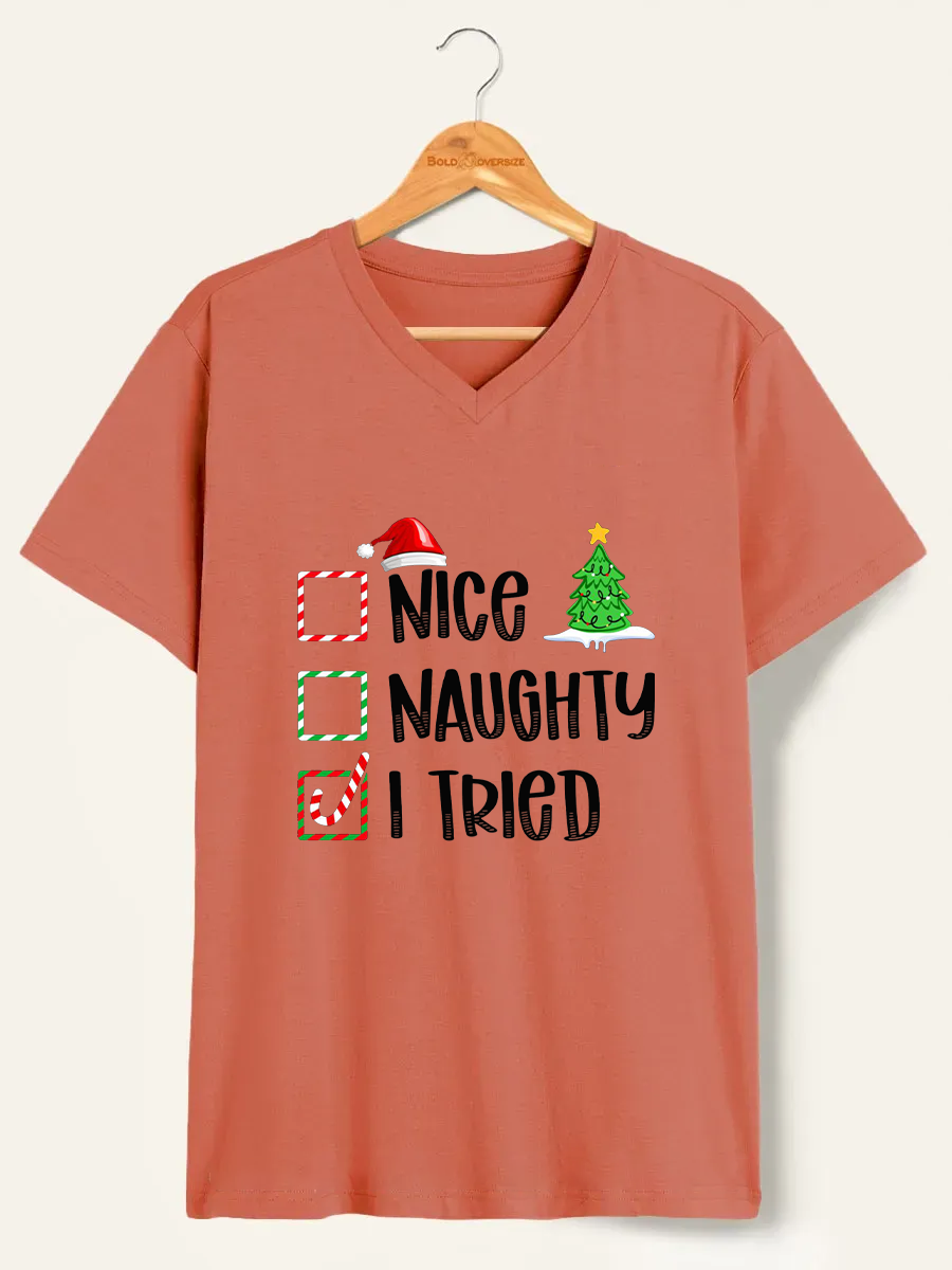 Vintage Nice Naughty I Tired V-Neck Tee