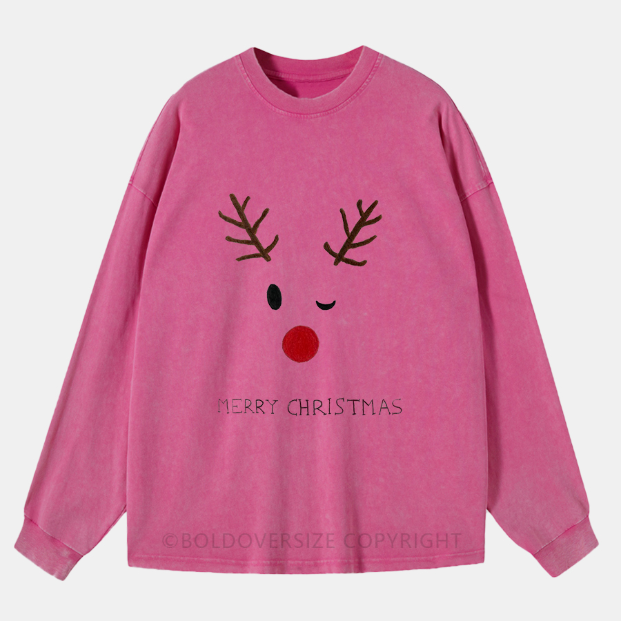 Vintage Merry Christmas Cute Deer Washed Long Sleeve Shirt